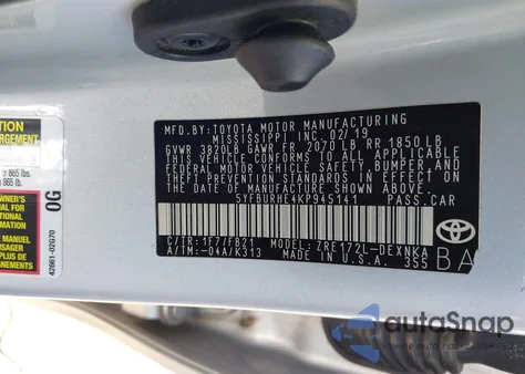 2019 Toyota Corolla Le из США, поврежденный, VIN 5YFBURHE4KP945141